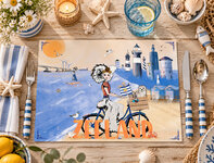 Placemat Zeeland &ndash; Zeeuws meisje op de fiets aan het strand met vuurtorens &ndash; 32 x 42 cm