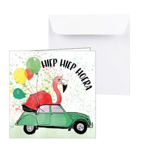 30 019 Verjaardagskaart feest flamingo in auto