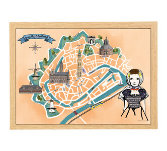 A4 Poster Middelburg &ndash; Handgetekende Plattegrond &amp; Zeeuws Meisje