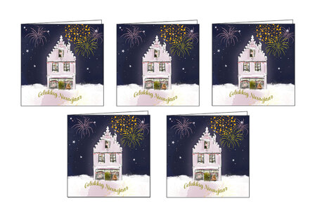 30 064 Set van 5 luxe nieuwjaarskaarten &ndash; Oud Hollands huisje met envelop