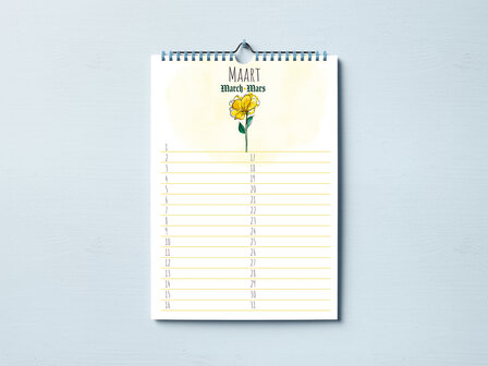 Verjaardagskalender Aquarel Bloemen &ndash; A4 kalender met maandelijkse bloemen