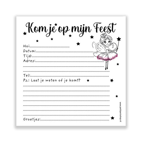 Fee&euml;nfeest uitnodiging 15x15 cm voor kinderfeestje