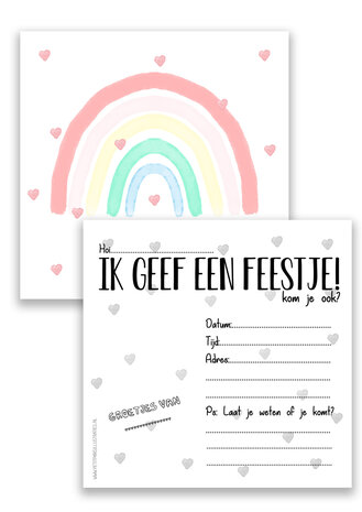 Regenboog en hartjes kinderfeest uitnodiging 15x15 cm