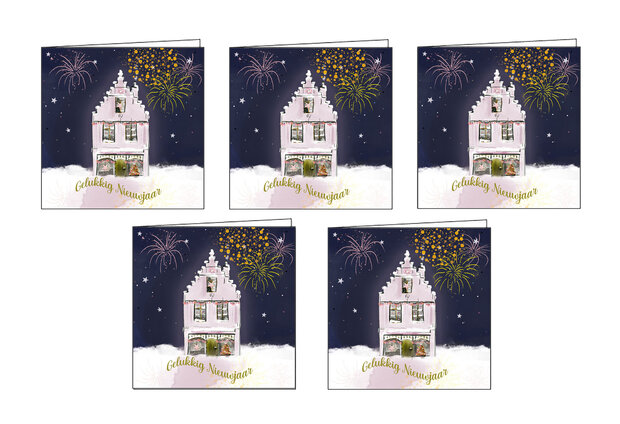 30 064 Set van 5 luxe nieuwjaarskaarten – Oud Hollands huisje met envelop