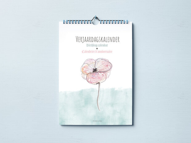 Verjaardagskalender Aquarel Bloemen &ndash; A4 kalender met maandelijkse bloemen