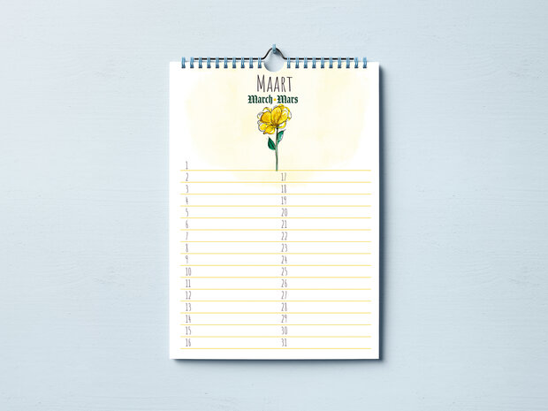 Verjaardagskalender Aquarel Bloemen &ndash; A4 kalender met maandelijkse bloemen