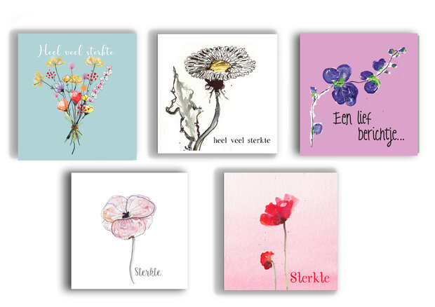 Set van 5 Condoleancekaarten &ndash; Handgetekende Sterkte Kaarten met Envelop