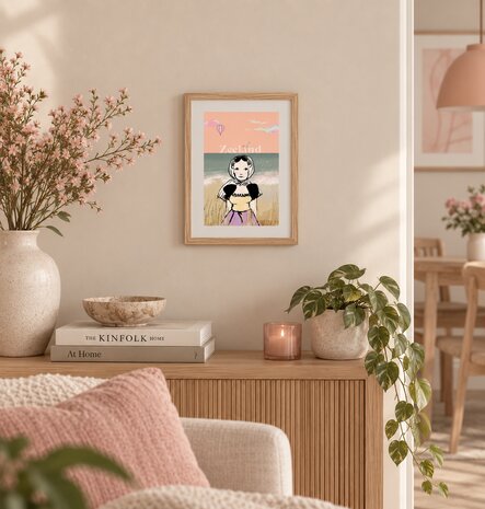 Zeeuws Meisje op het Strand &ndash; geprinte illustratie in lijst