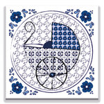 Delfts blauwe geboortekaartje met kinderwagen