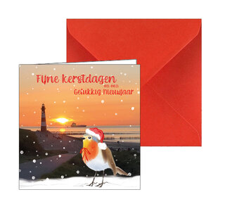 Kerstkaart Breskens met Vuurtoren & Roodborstje | Zeeland